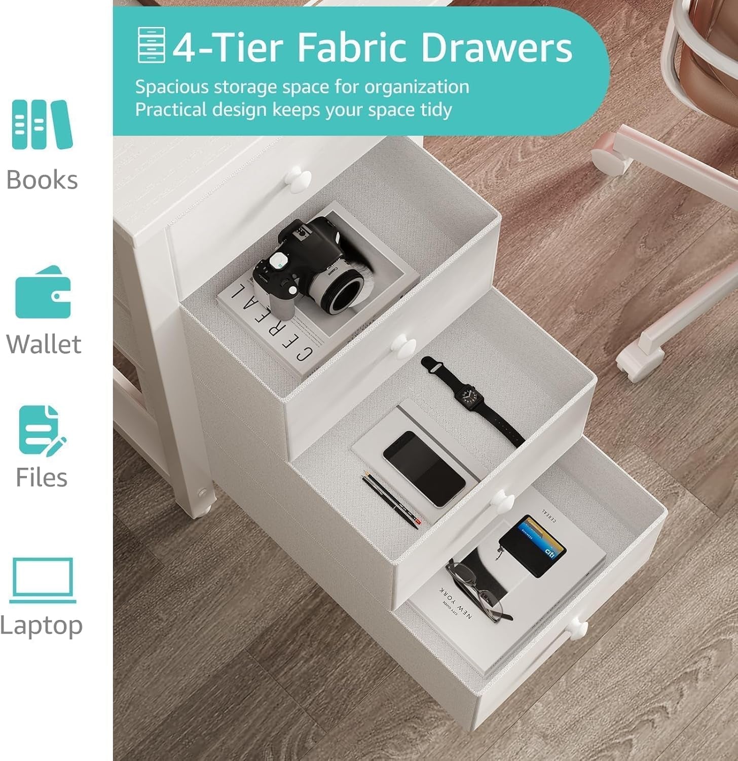 55" White Computer Desk with Fabric Drawer-4