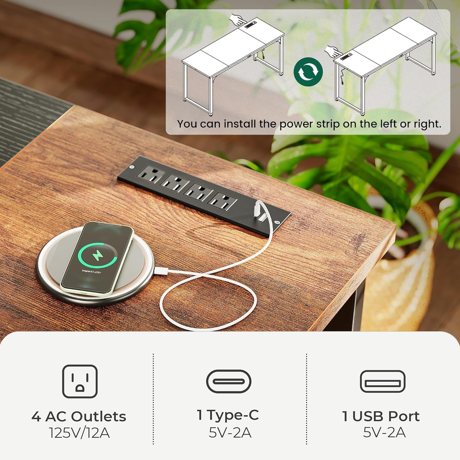 63 Inch Computer Desk With Power Outlets And USB-3
